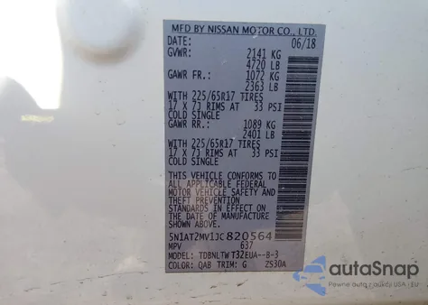 2018 Nissan Rogue Sv z USA, uszkodzony, nr VIN 5N1AT2MV1JC820564